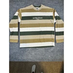 Vintage GUESS Jeans USA Striped Long Sleeve Shirt XXL Tan Green Embroidered Logo